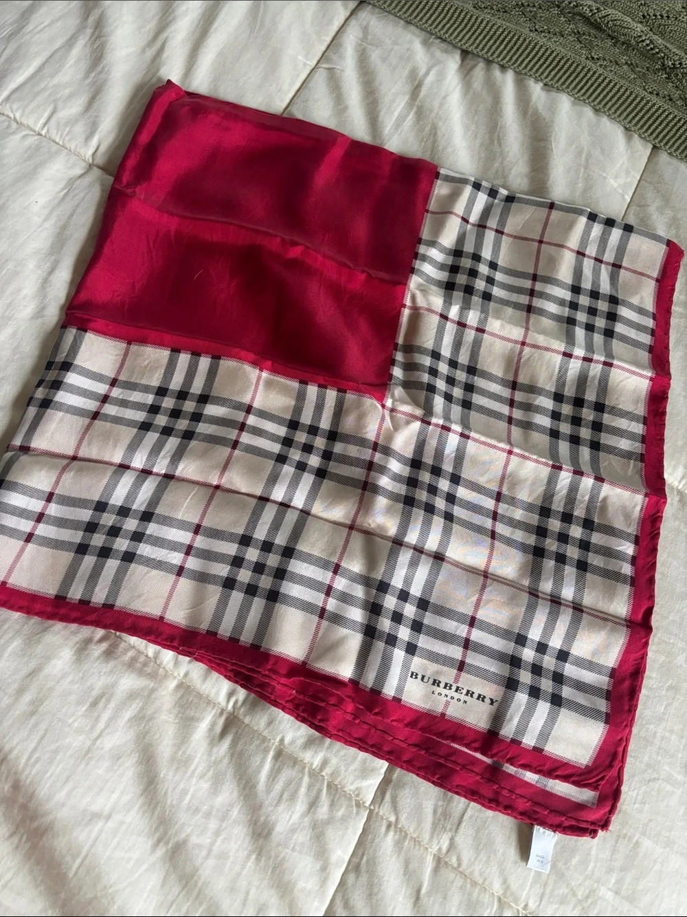 Burberry Silk Scarf in Red and Beige Check